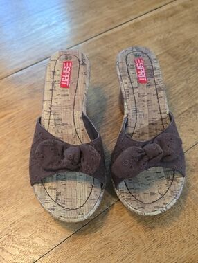 Esprit Brown Bow Cork Wedge Slide Sandals
